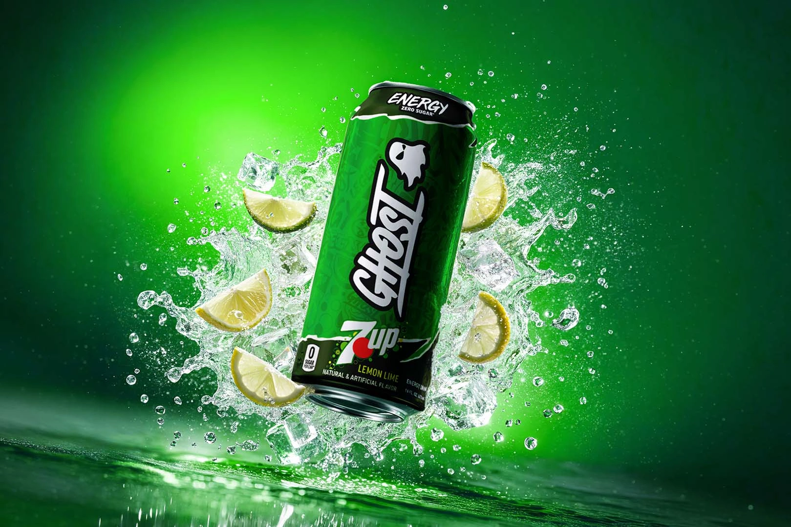 Ghost Energy x 7UP Lemon Lime zero-sugar energy drink can with lime slices and water splash, now stocked in EJR Vending machines across Dallas-Fort Worth