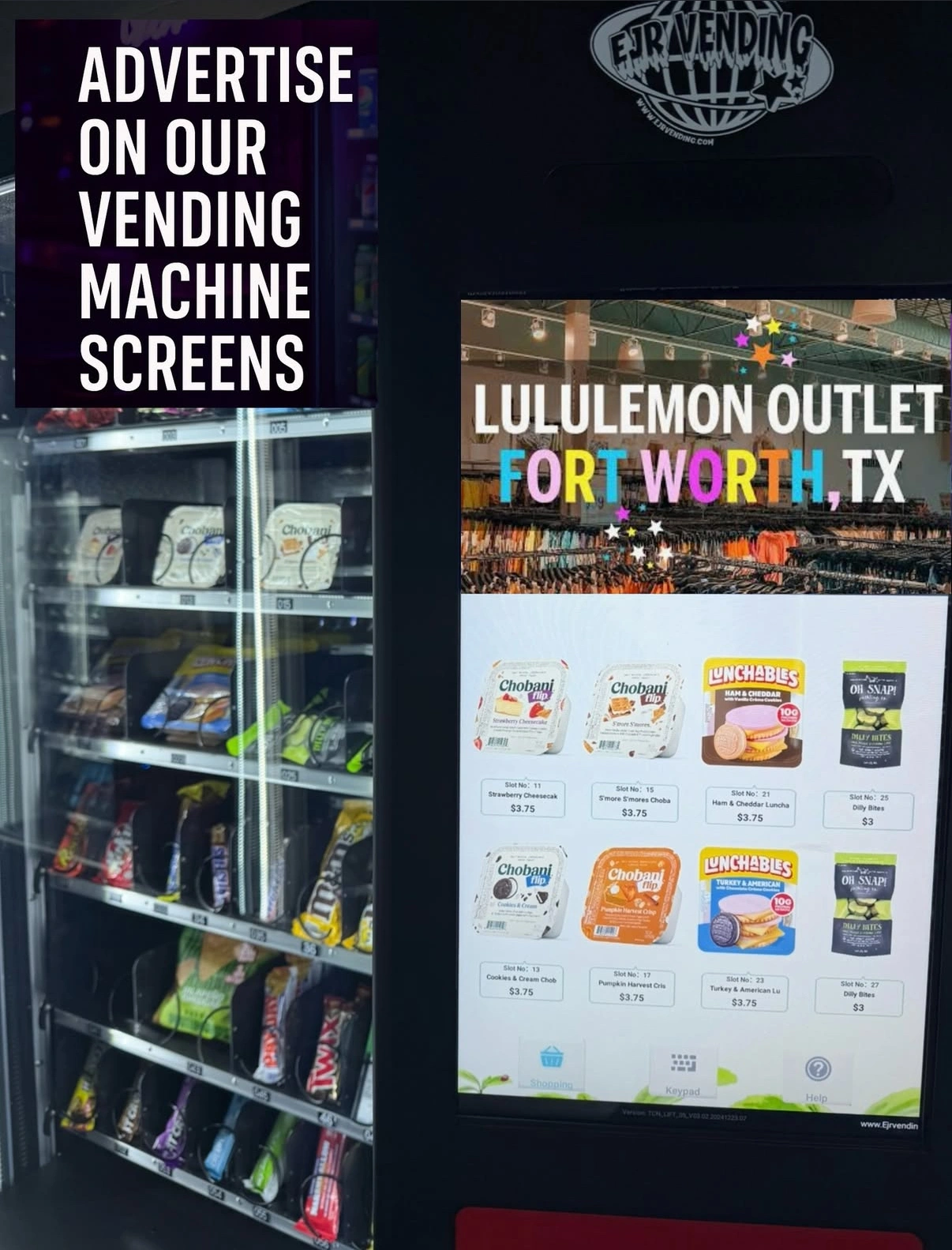 Vending machine screen advertising example showing Lululemon ad at Bodega W. 7th Fort Worth