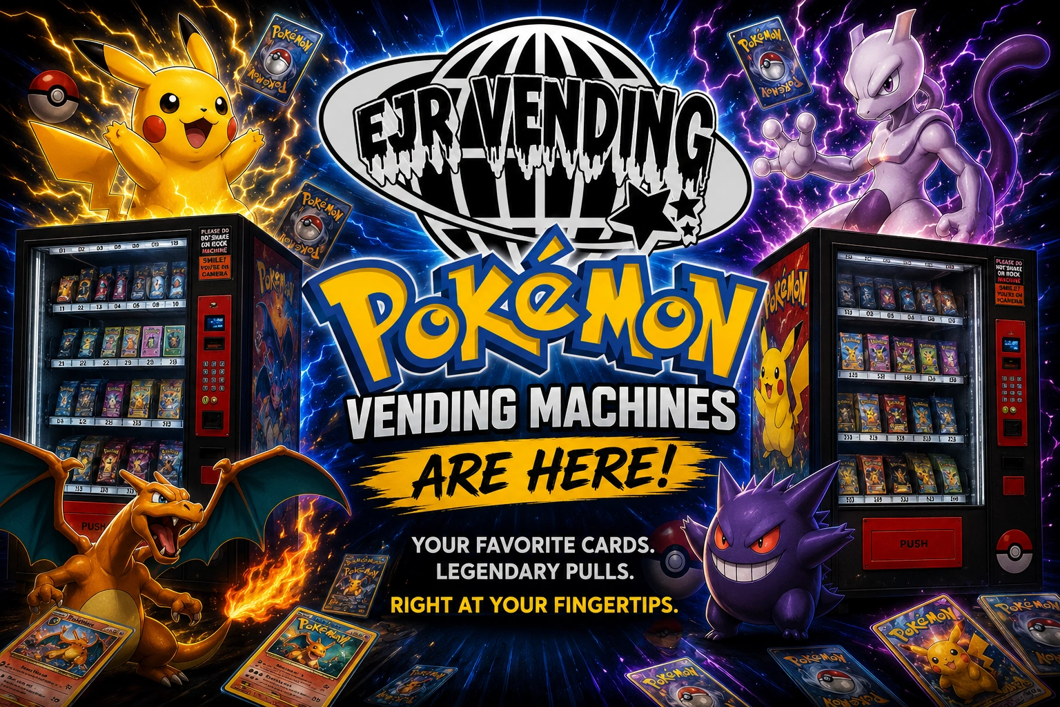 EJR Vending Pokémon card vending machine stocked with booster packs and sealed booster boxes, available for free placement at Dallas-Fort Worth businesses