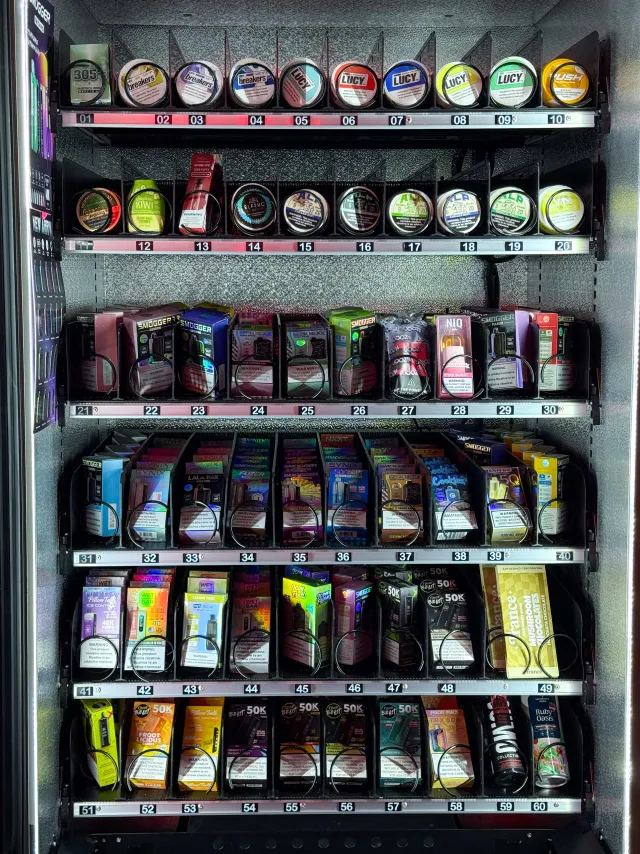 EJR Vending vape and nicotine product vending machine fully stocked in Dallas-Fort Worth