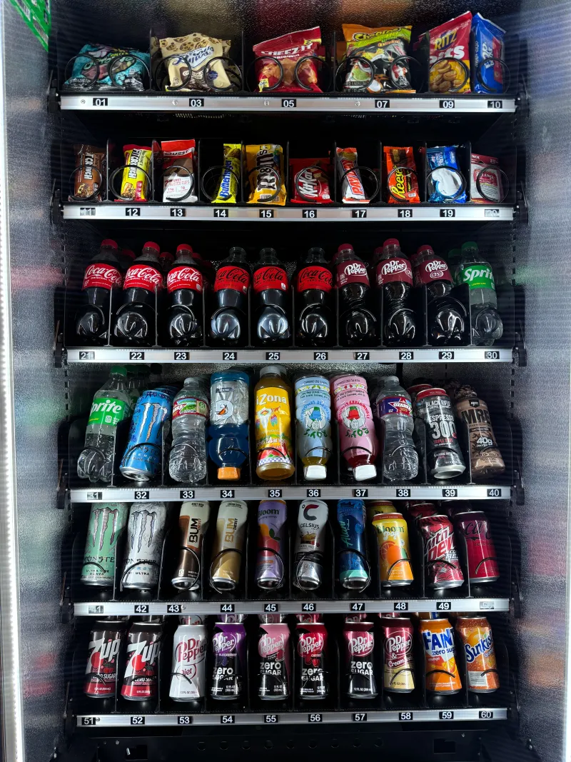 Fully stocked EJR Vending combo machine with snacks and cold drinks in Dallas-Fort Worth
