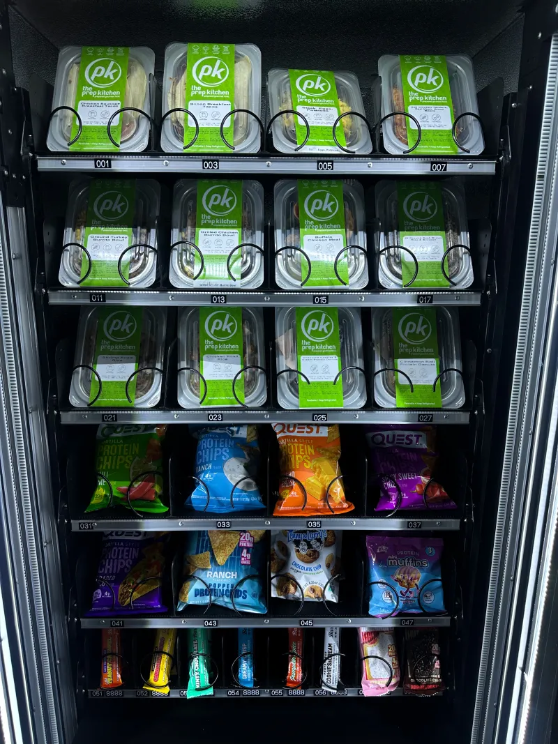 EJR Vending healthy meal machine stocked with fresh PK Kitchen meals and Quest chips in DFW