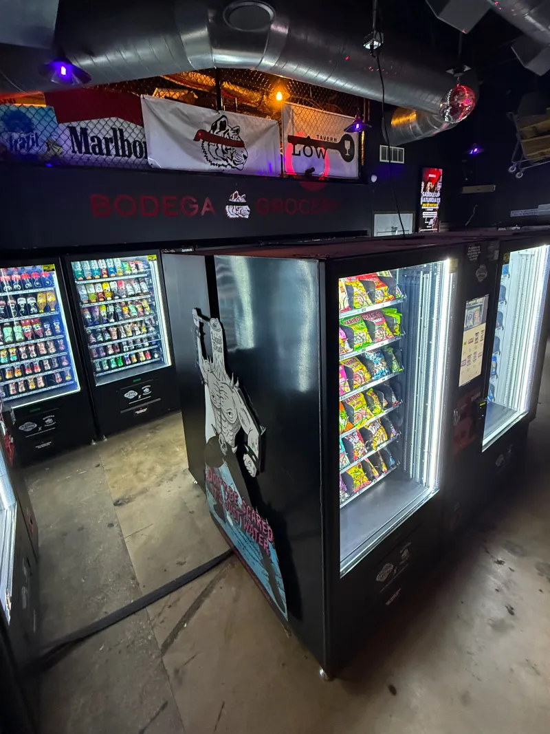 EJR Vending bodega setup with drink and snack machines at a Dallas-Fort Worth nightlife venue
