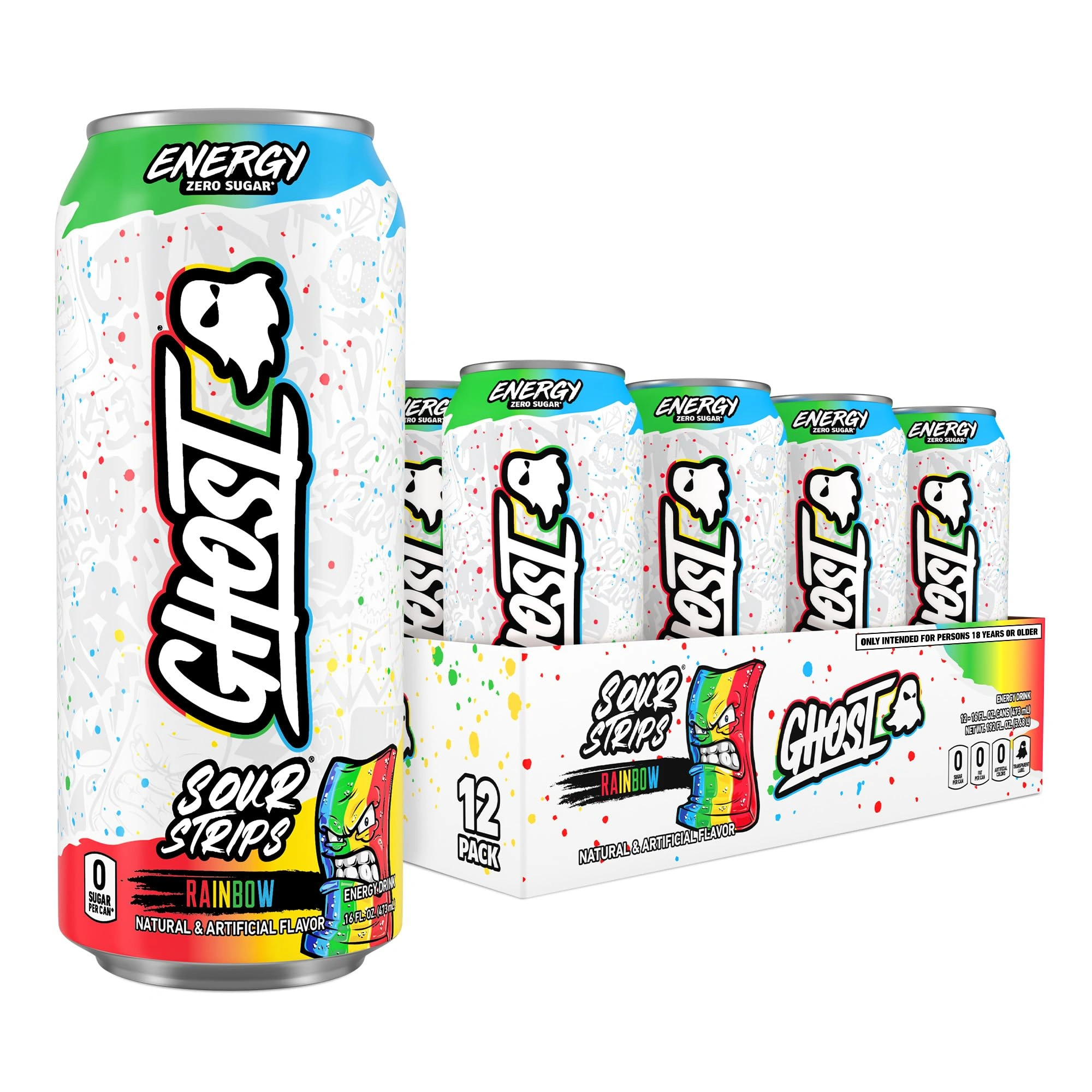 Ghost Energy x Sour Strips Rainbow zero-sugar energy drink 16oz can and 12-pack box — now permanently stocked in EJR Vending machines across Dallas-Fort Worth